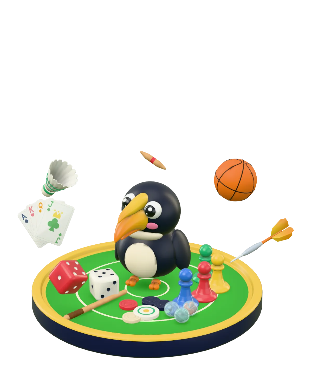 Bill the hornbill, the Hornbill Games mascot, on a toy game table with dice, ludo pawns, carrom coins, cards, marbles, a dart, a basketball, a shuttlecock and a gilli-danda