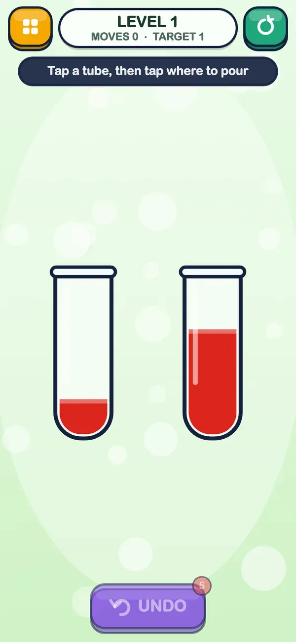 Water Sort: first screen of the game